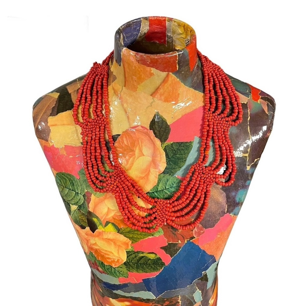 Red Beaded Bib Statement Necklace
